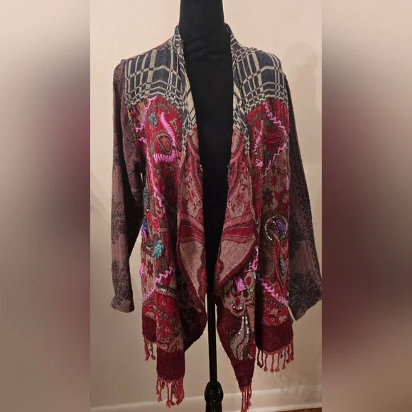 Soft Surroundings Juliette Sweater Boho Fringe Wool Flowy Colorful Embroidered - Picture 1 of 12